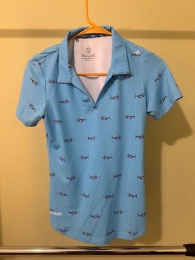 Scales Women's Light Blue Shark-Print Polo Top